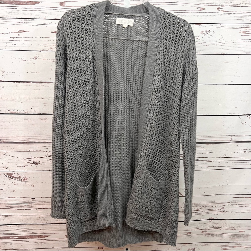 Pink Rose Charcoal Gray Open-Front Knit Cardigan Sweater Size Large